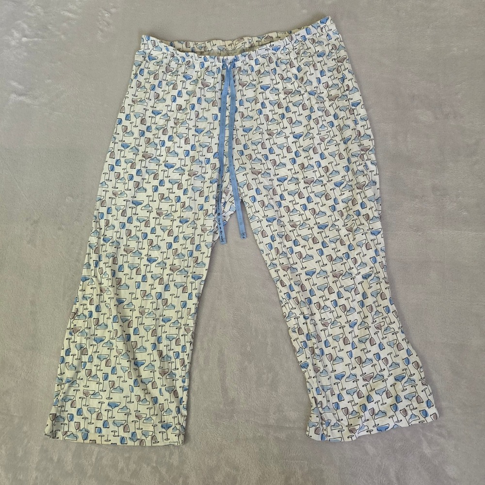 Womens L Cocktail Glass Print Cropped Pajama Pants Blue White Cotton Modal Sleep